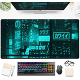 Cyan Green Japanese Desk Mat, Neon Tokyo Extended Mouse Pad Anime Cat Desk Pad, Gaming Mousepad Xxl, Large Keyboard Mat For Gamers, Cool Computer Mat For Desk With Stitched Edges 31.5X15.7 In