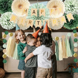 Sage Green Birthday Decorations With Happy Birthday Banner Sage Cream Paper Pom Poms Paper Tassels Circle Dots Garland For Girls Women Neutral Rustic Botanical Birthday Party Decor