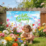Spring Backdrop Banner Floral Hello Spring Decorations Background Easter Flowers Blue Sky Photo Booth Props 70.8 X 43.3 Inch