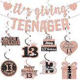 13Th Birthday Decorations Girls Banner - 10 Pcs Rose Gold It'S Giving Teenager Banners Numbers 13 Circle Cake Pink Hanging Swirls Decor Party Supplies For Thirteen Year Old Official Teen Gifts Kit