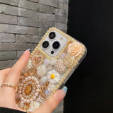 For Iphone 13 Pro Max Bling Diamond Case With Flower Strap, 3D Luxury Sparkle Glitter Crystal Rhinestone Pearl Love Rose Wristband Bracelet Case Cover For Girls Women Kids (Champagne)