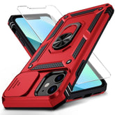 For Iphone 12 Mini Case With Slide Lens Cover, Hd Screen Protector, Military Grade Drop Protection, Magnetic Rotated Ring Holder Kickstand Phone Cases (Red)