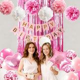 Pink Birthday Party Decorations For Women, Pink And White Birthday Decorations With Banner Heart Shape Foil Balloons Pompoms Fringe Curtain For Princess Party