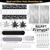 Black Silver Birthday Party Decorations For Men Women, Party Decorations Kit With Black Happy Birthday Banner, Star Balloon, Silver Fringe Curtain, Hanging Swirls For Diy Theme Bday Party