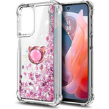 Compatible With Motorola Moto G-Play-2024 Case Rose Gold | Glitter Bling Sparkly Floating Liquid Cute Phone Cover With Tempered Glass Screen Protector/Ring Holder/Diamond Wrist Strap Lanyard