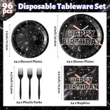 96Pcs Galaxy Movie Star Party Tableware Set, Party Supplies For Kids Birthday School Science Fiction Theme Serves 24 Guests, Disposable Dinnerware Paper Dessert Dinner Plates Napkins Forks