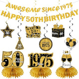 11 Pcs 50th Birthday Kit Black & Gold Banner, Centerpieces & Swirls for Men/Women
