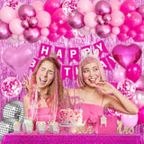 Pink Birthday Party Decorations For Women Girls With Happy Birthday Banner Paper Pompoms Fringe Backdrop Star Garland Hot Pink Balloons Princess Décor