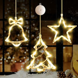 Timer 3Pcs Christmas Window Lights Decorations, Battery Powered Hanging Warm White Lighted Tree Bell Star Shaped Led Suc