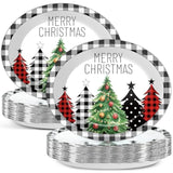 50Pcs Christmas Buffalo Plaid Tree Oval Paper Plates 11 Inch Black White Gingham Party Supplies Merry Christmas Disposable Dinnerware Plates Xmas Serving Tray For Holiday Party Supplies Decorations