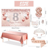 8Th Birthday Decorations - Rose Gold Party Set For Girls, Includes Banner, Tablecloth, Sash, Tiara & Cake Topper, Pink Gold 8 Number Balloons