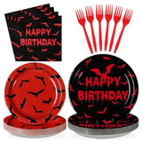 96Pcs Halloween Bats Birthday Party Supplies Bloody Bat Paper Plates And Napkins Red And Black Disposable Tableware For Boy Girl Halloween Birthday Party Decorations Serves 24