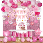 Pink & Red Happy Birthday Party Kit Banner, Fringe Curtain, Balloons & Cake Topper