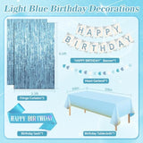 Blue Birthday Decorations, Blue Party Decor With Dusty Baby Blue Gold Balloons Happy Birthday Banner Birthday Sash Tablecloth Fringe Curtain Light Blue Bday Decorations For Baby Boys Girl Men Women