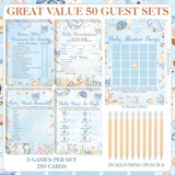 321 Pcs Baby Shower Games Supplies, 5 Sets (50 Cards Each) Activities Cards With 20 Pencils 1 Don'T Say Baby Sign 50 Clothespin (Under The Sea)