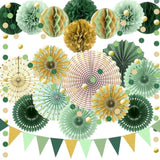 Sage Green Gold Party Decorations, Paper Fans Honeycomb Balls Circle Garlands For Green Theme Birthday Neutral Baby Shower Wedding Graduation Party Decoration Forest Party Supplies