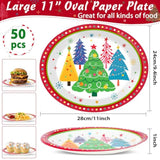 50Pcs Colorful Christmas Tree Plates Disposable Paper Christmas Tree Party Decorations Supplies 11 Inch Oval Plate Platter Dish Tray, Xmas Holiday Tableware Dinnerware