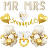 Sand White Engagement Party Decorations, Mr And Mrs Balloons Decor, White Gold Confetti Balloons, Love Heart And Diamond Ring Foil Balloon With Engaged Banner For Wedding Engagement Party Decoration