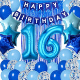 16Th Birthday Decorations For Boys Blue 16Th Sixteen Happy Birthday Banner Supplies Number 16 Balloons Fringe Curtain 16 Years Old Bday Party Supplies Kit For Him Her Girls (Blue)
