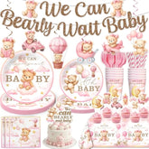 152 Pcs Pink Bearly Wait Baby Shower Decorations, Bear Baby Shower For Girl Tableware Set, With Banner, Cake Topper, Plates And Tablecloths, For Baby Girl Shower Decorations Pink, Serves 20