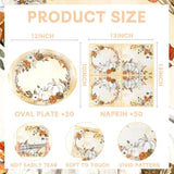 White Pumpkin Paper Plates And Napkins Serve 50, Boho Oval Fall Plates 10" X 12" With 6.5" Napkins Floral Autumn Tableware Fall Party Decorations For Birthday Baby Shower Bridal Shower Thanksgiving