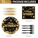 72Pcs Retirement Plates And Napkins, Black Gold Happy Retirement Party Decorations Paper Plates And Napkins With Forks Disposable Tableware Set For Men Women