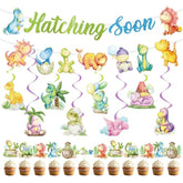 Dinosaur Baby Shower Decorations - 22Pcs Hatching Soon Baby Shower Decorations Hatching Soon Banners Hanging Swirls Cupcake Toppers Dino Themed Gender Reveal Supplies Dinosaur Party Decor