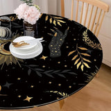 Celestial Black Gold Round Tablecloth 36-44 Inch Mystical Washable Decor