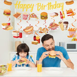 Fast Food Birthday Party Decorations, 10Pcs Glitter Happy Birthday Banner And Hanging Swirls Decoration Pizza Hamburger Hot Dog Decor French Fries Popcorn Donuts Themed Party Supplies