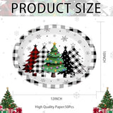 50Pcs Christmas Paper Plates Buffalo Plaid Christmas Trees Disposable Oval Plates 10" X 12" Heavy Duty 400Gsm Black White Buffalo Plaid Christmas Trees Dinner Plates For Merry Christmas Party Holiday