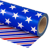 Reversible 4Th Of July Wrapping Paper - Mini Roll - 17 Inch X 33 Feet - Blue Red White Stripe And Star Design, Perfect For Memorial Day, Holiday, Party