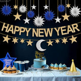 Glitter Happy New Year Banner 17pcs Gold Stars Moon Garland 2026