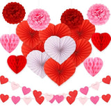 Valentine'S Day Party Decorations Kit Heart Hanging Paper Fans Banner Red Pink Honeycomb Balls Pompoms With Ribbon For Valentines Day Wedding Anniversary Bridal Shower Party Decor