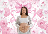 Pink Bow Baby Shower Backdrop for Girls 7x5FT A Sweet Little Girl is On His Way Banner Background Welcome Baby Girl Baby Shower Party Decorations Supplies Photo Props