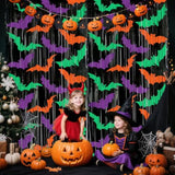 2 Pack Halloween Bat Foil Fringe Curtains 3.3x6.6ft Backdrop Purple Green Orange