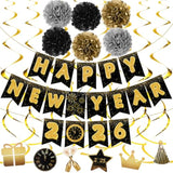 2026 Happy New Year Gold Black Banner with Flowers Flags and Streamers