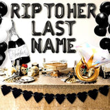 “RIP to Her Last Name” gothic bachelorette décor for engagement or wedding parties