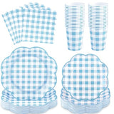 250 Pcs Blue Gingham Party Supplies, Scalloped Blue and White Checkered Tableware Set Includes Disposable Plates Napkins and Cups for Wedding Birthday Picnic Baby Bridal Shower