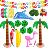 Inflatable Luau Party Set 2 Pack Palm Trees 4 Pack Inflatable Watermelon 12 Pack Hawaiian Flowers 12 Pack Monstera Leaves 20 Pack Balloons Wingless Parrot Flamingo Banana For Party Supply