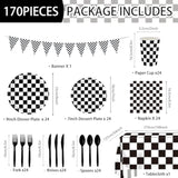 170 Pcs Race Car Birthday Party Decorations Black And White Checkered Plates And Napkins, Checkered Party Supplies Serves 24