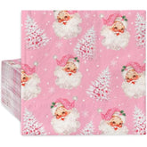 80 Pack Pink Christmas Napkins Santa Xmas Tree Disposable Napkins Merry Christmas Paper Luncheon Napkins For Xmas Winter Holiday Birthday Party Supplies, 6.5 X 6.5 Inch
