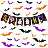Spooky Halloween Banner with Bats Stickers Pink Purple Black Orange Party Wall Decor