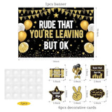 Farewell Party Decoration Kit: Black & Gold Banner, Swirls, Pompoms