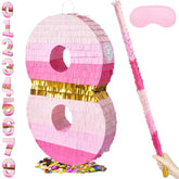 20 Inch Number 8 Piñata Pink Gold With 30 Inch Piñata Stick Blindfold Confetti For Boys Girls Adults Birthday Party Decorations, Anniversary Celebration, Fiesta