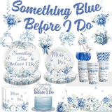 171Pcs Something Blue Before I Do Bridal Shower Decorations, With Pre-Threaded Banner 40 Thickened Plates And 2 Tablecloths, 20-Pack Disposable Paper Tableware For Blue Bridal Shower