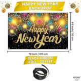 Extra Large Happy New Year 2026 Banner 72x44 Black Gold Party Backdrop