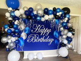 Navy Bluey and Silver Happy Birthday Backdrop Banner Sign for Favor Men Women Retirement Photography Background Party Decorations Supplies 7x5ft