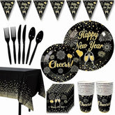 New Years Party Supplies, 2026 Black And Gold New Year Disposable Tableware, Including Dinner Plates, Dessert Plates, Napkins, Cups Tablecloth For New Years Eve Party Supplies Decor Serves 20