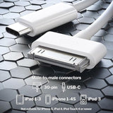 KabelDirekt 30-Pin to USB C Adapter Cable for iPhone 4S/4/3G/3/1, iPad 3/2/1, iPod 3 – 3ft – Male to Male, White (Next-Generation Data/Charging Cable from USB-C to Dock Connector)