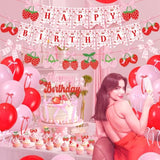 Pink Bow Strawberry Birthday Party Decor Strawberry Bows Happy Birthday Banner Cake Topper Balloons For Girls Trendy Berry First 1St Bday Decor Strawberry Themed Berry Sweet Baby Shower Party Supplies